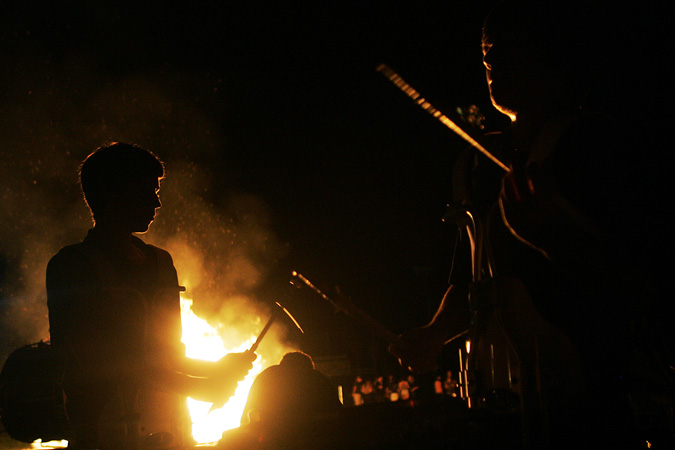 The marching band drummers perform during a homecoming celebration bonfire at Sebastian River High School, Friday, Oct 5, 2012. (Staff Photo : Tim Hunt)