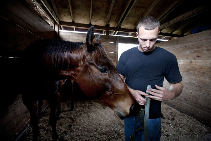 Matt Snell puts a bridle on a horse at Scarlett Stables which is used  for therapy sessions.