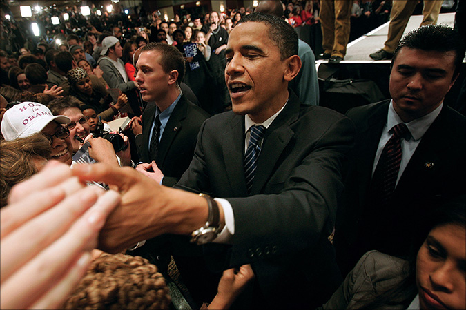 Presidential candidate Barack Obama shakes hands with supporters at a Super Tuesday celebration at the Hyatt Regency, Feb. 5, 2008. This photograph is a finalist in the Fotobama contest and will be on display in the Newseum in Washington D.C.